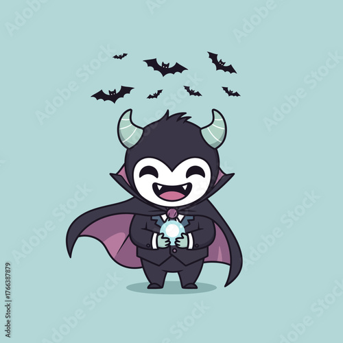 A delightful illustration features a charming cartoon vampire, complete with horns and cape, holding a glowing orb under a flurry of bats on a blue background.