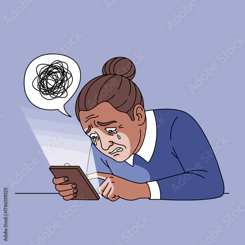 A distraught woman is depicted with tears streaming down her face as she interacts with her tablet, suggesting feelings of confusion and distress.