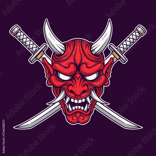 A captivating vector illustration showcases a red Japanese Hannya mask with crossed swords, embodying traditional Japanese art and symbolism with a modern twist.