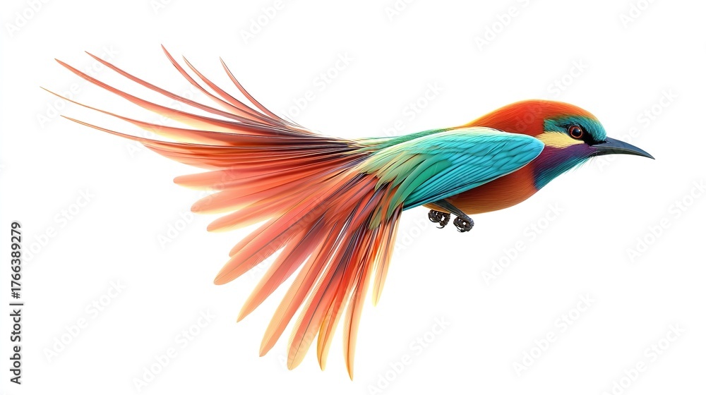 Obraz premium Illustration of a colorful bird in flight with a long tail on a white background isolated