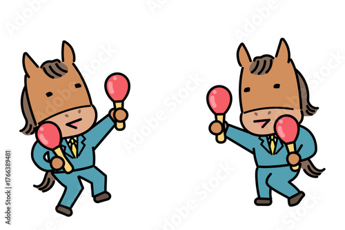 マラカスを持って楽しく踊る二頭の馬のキャラクター