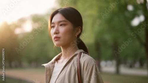 Serene stroll in urban park: young asian woman reflects on nature's tranquility