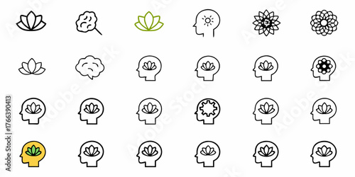 Unlock Inner Peace with Mindfulness Icons Lotus Flower Brain Icons for Wellness, Meditation, and Mental Health Awareness, Originally a Scalable Vector Graphic