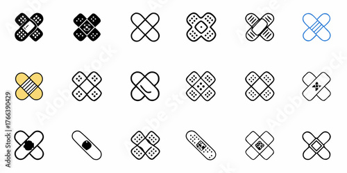Versatile collection of creative bandage icons, ideal for healthcare, medical, or first aid designs, offering a modern and professional look for diverse projects