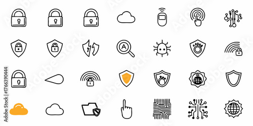 Secure Digital Solutions: Set of Hand Drawn Security Icons for Technology, Cloud, and Network Protection, Perfect for Modern Business and Cyber Security
