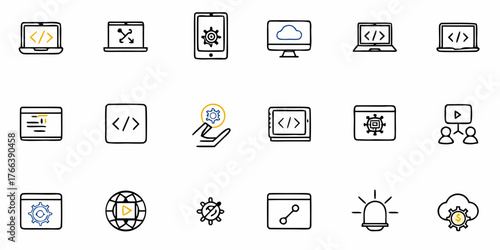 Dynamic set of IT and development icons showcasing software, cloud computing, coding and website design for modern tech companies and innovative projects