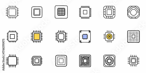 Modern collection of microchip icons for tech, electronics, and computer design projects needing a clean and professional look, scalable for web or print use