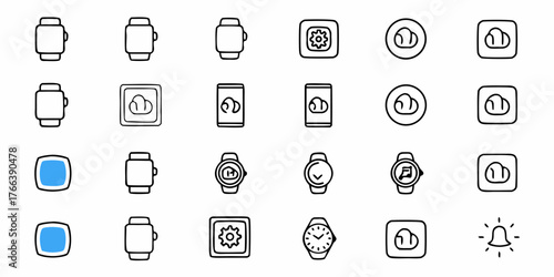Hand Drawn Style Smart Technology Icons for Mobile App Development and UI Design, Modern User Interface Elements, Watch, Cloud, Settings, Bell, and Notifications