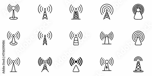 Fifteen sleek antenna icons symbolizing modern communication, wireless technology, and network connectivity for websites, apps, and digital designs