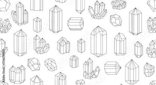 Crystals Pattern - Geometric Line Art of Minerals and Gemstones.