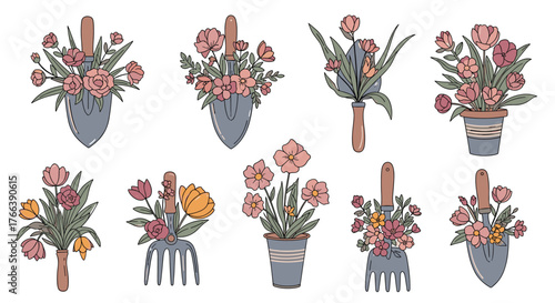 Floral Arrangements in Garden Tools - A Collection of Artistic Compositions.