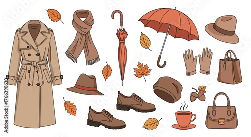 Autumn Fashion Collection Featuring Trench Coat Scarves Hats and Accessories.