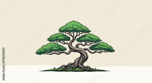 Artistic Bonsai Tree with Twisted Trunk and Lush Green Foliage.