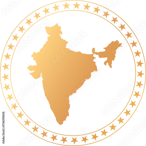 gold colored map of India in circle frame with stars