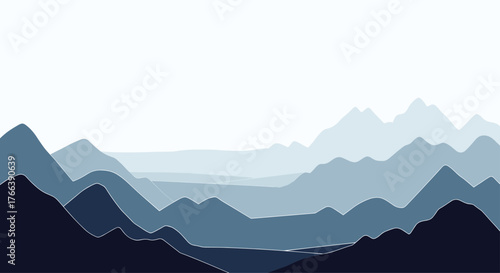 Blue mountain range landscape illustration with layered peaks and valleys.