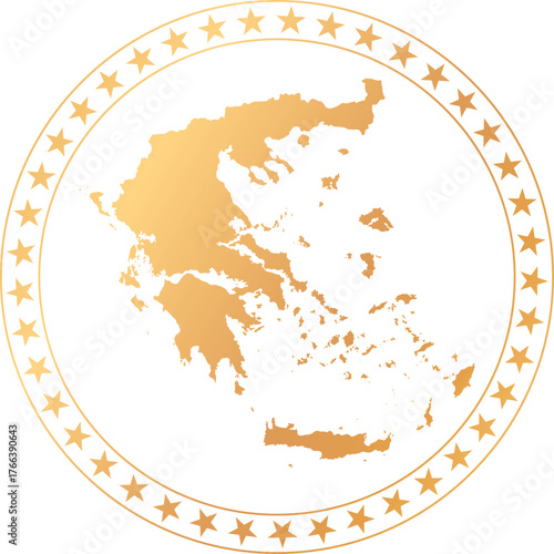 gold colored map of Greece in circle frame with stars