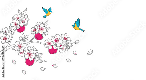 Blossoming cherry tree branch with pink flowers and birds flying.