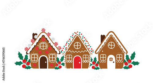 Three festive gingerbread houses adorned with icing and holly berries.