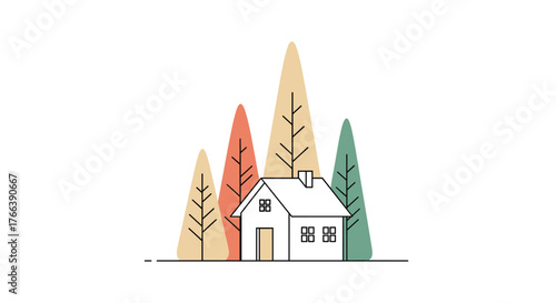 Charming minimalist house nestled among colorful trees.
