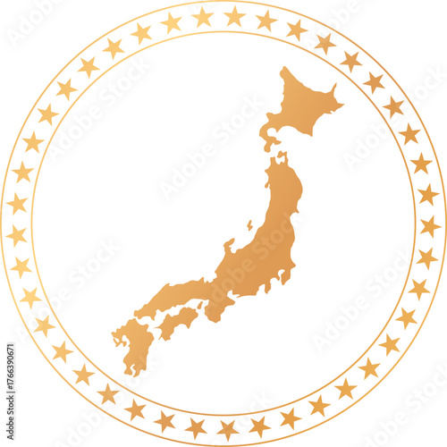 gold colored map of Japan in circle frame with stars