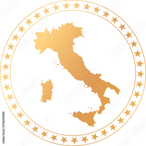 gold colored map of Italy in circle frame with stars