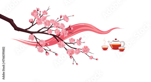 Japanese sakura cherry blossom branch with a traditional tea set.