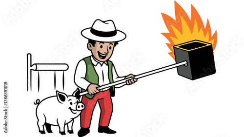 A happy farmer uses a torch to prepare a pig for processing at a farm.