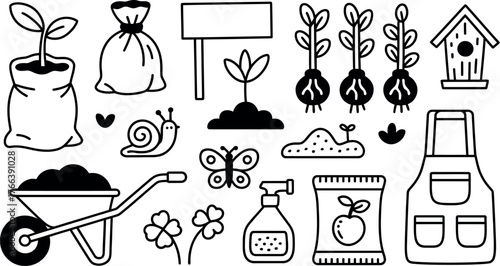 A collection of gardening illustrations including plants, tools, and a birdhouse.