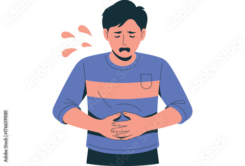 A man clutches his stomach in discomfort, indicating a stomach ache or indigestion.