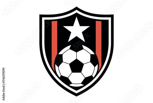 A black and white soccer ball is displayed in a shield with a star and red stripes.
