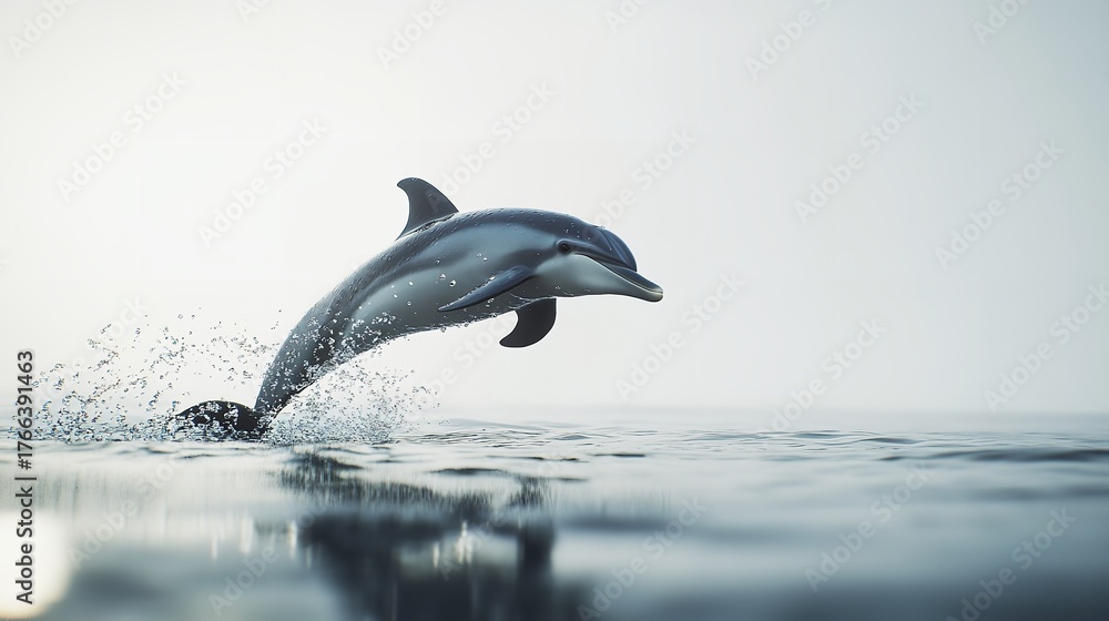 Obraz premium A dolphin leaps from the water with splashes around it in a bright and airy ocean scene view