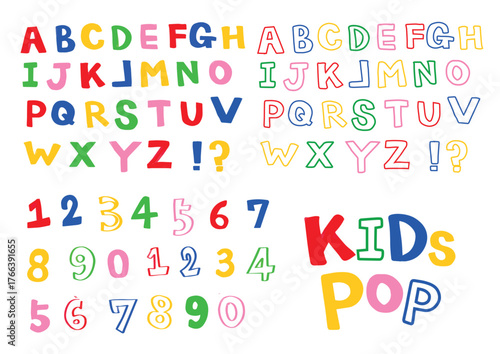 カラフルでポップな手書きのアルファベットと数字セット