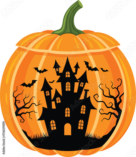 A carved Halloween pumpkin with a spooky haunted house silhouette and bats flying around it.