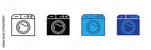 Set of four washing machine icons in different styles outline, solid black, blue, and dark blue, isolated on white background