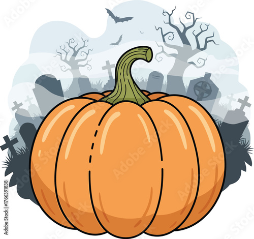 A large, ripe orange pumpkin sits in front of a spooky graveyard scene with bare trees and bats in the sky.