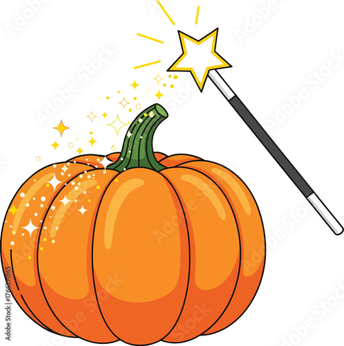 A magical star wand is casting sparkles and enchantment onto a bright orange pumpkin.