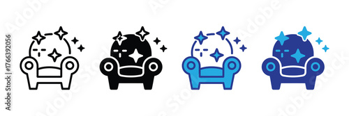 Set of four icons representing a clean armchair in different styles outline, solid black, blue outline, and solid blue, isolated on white background
