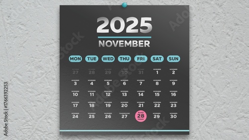 November 2025 black wall calendar page with Black Friday date highlighted
