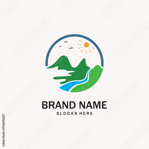 Mountain and River Combination Logo Vector Illustration