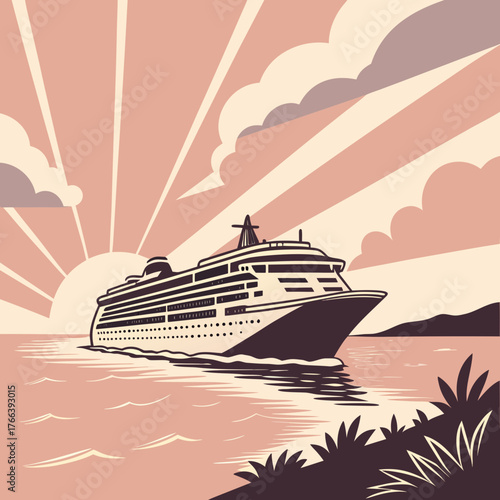 Cruise ship at sunset on the sea