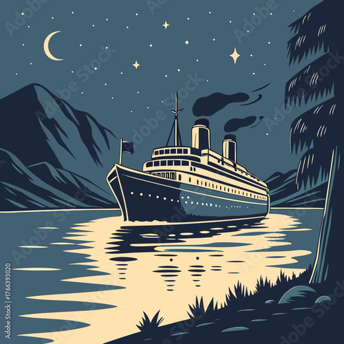 Cruise ship sailing at night