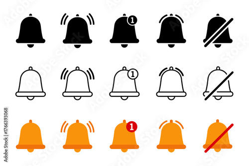 Set of Notification Bell Icons for Alerts, Sound, and Communication, Subscribe Button or Reminder icon of ringing bells for incoming inbox messages Vecor EPS 10 Design Elements