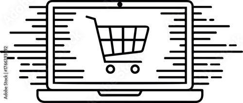 Vector a laptop displaying a shopping cart icon with horizontal lines indicating movement or speed