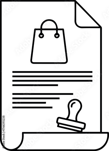 Vector document with shopping bag icon text lines and a stamp in black and white outline style