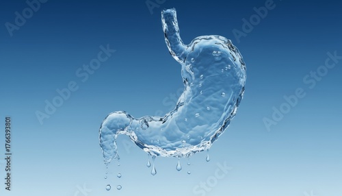 Conceptual translucent stomach water artwork showcasing anatomical accuracy, frozen splashes, and subtle motion in a tranquil gradient blue wall decor style.
