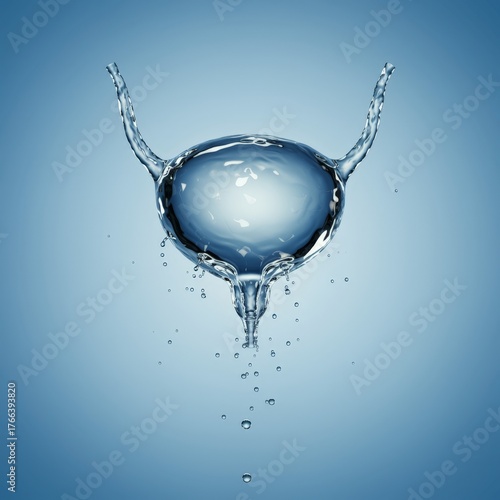 Conceptual translucent bladder artwork showing anatomical accuracy, suspended splashes, and delicate fluid motion on a calming blue gradient backdrop for art print.