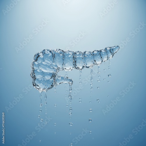 Translucent liquid pancreas concept art with delicate anatomical detail, frozen droplets, and fluid motion against a serene blue gradient backdrop for wall decor.