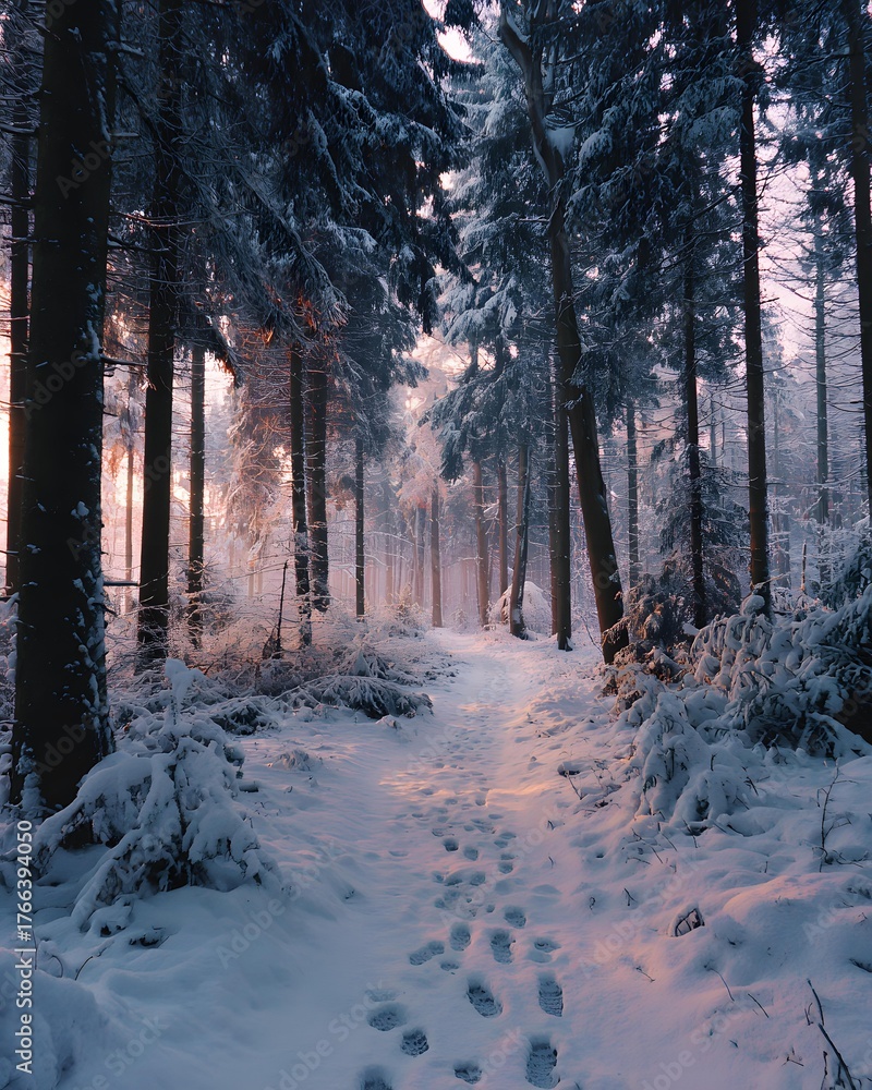 Naklejka premium Snowy forest path with footprints, early morning calm, mindfulness in nature,