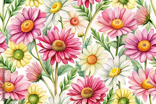 Watercolor painting of a field of flowers with pink and yellow flowers