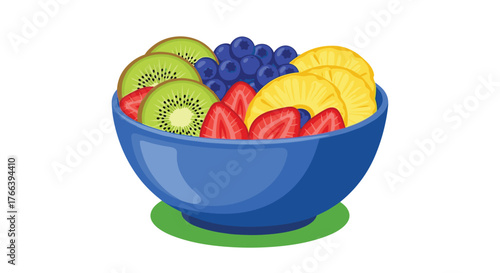A vibrant mix of healthy fruit salad with juicy strawberries, blueberries, kiwi, and pineapple in a stylish blue bowl for a refreshing snack